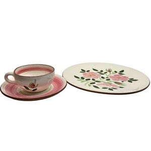 Stangl Wild Rose Flat Cup Saucer Set w/ Dinner Plate VTG USA Pottery